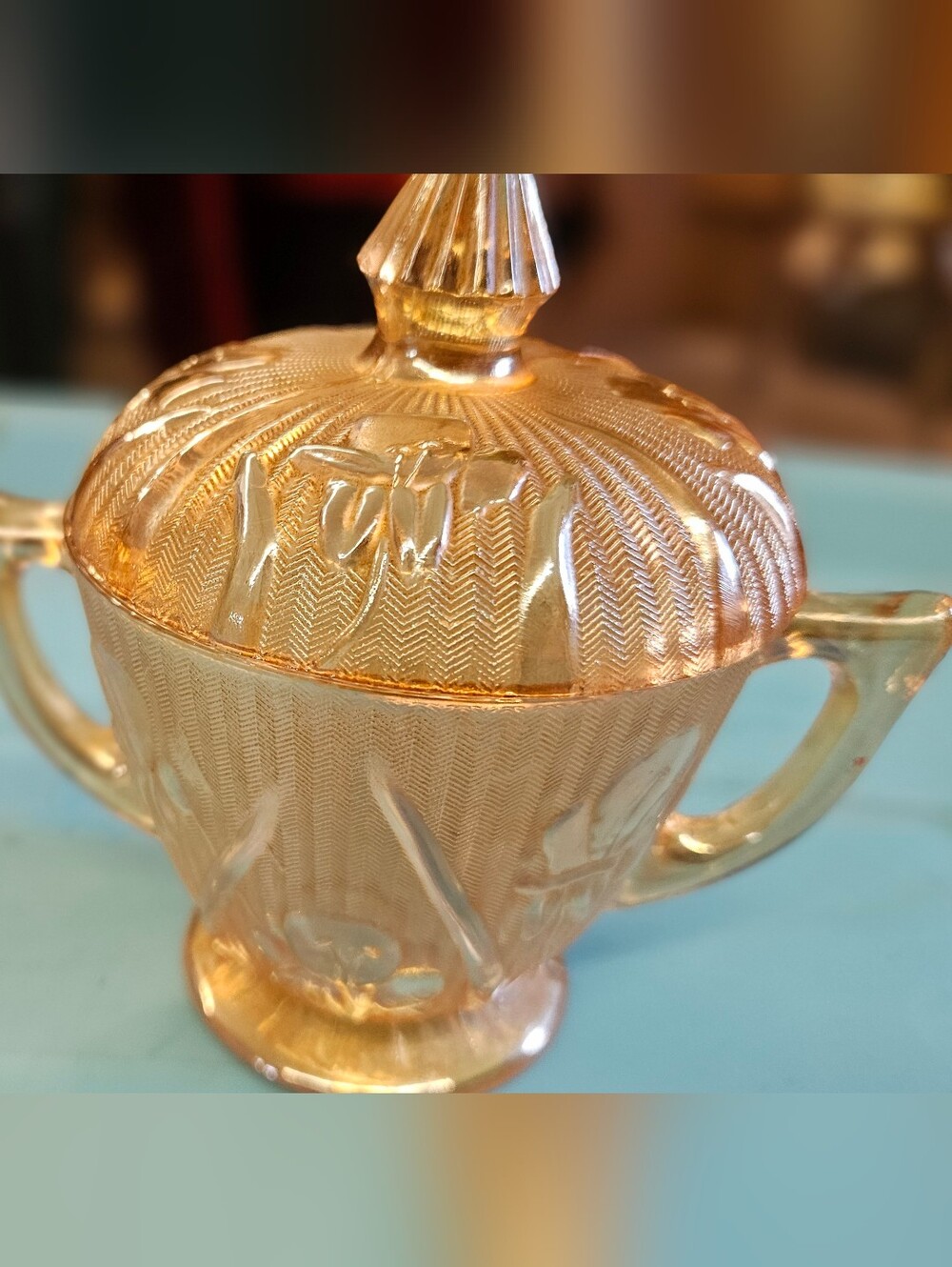 Vtg Jeannette Glass  Marigold Carnival iris and Herringbone sugar bowl with lid
